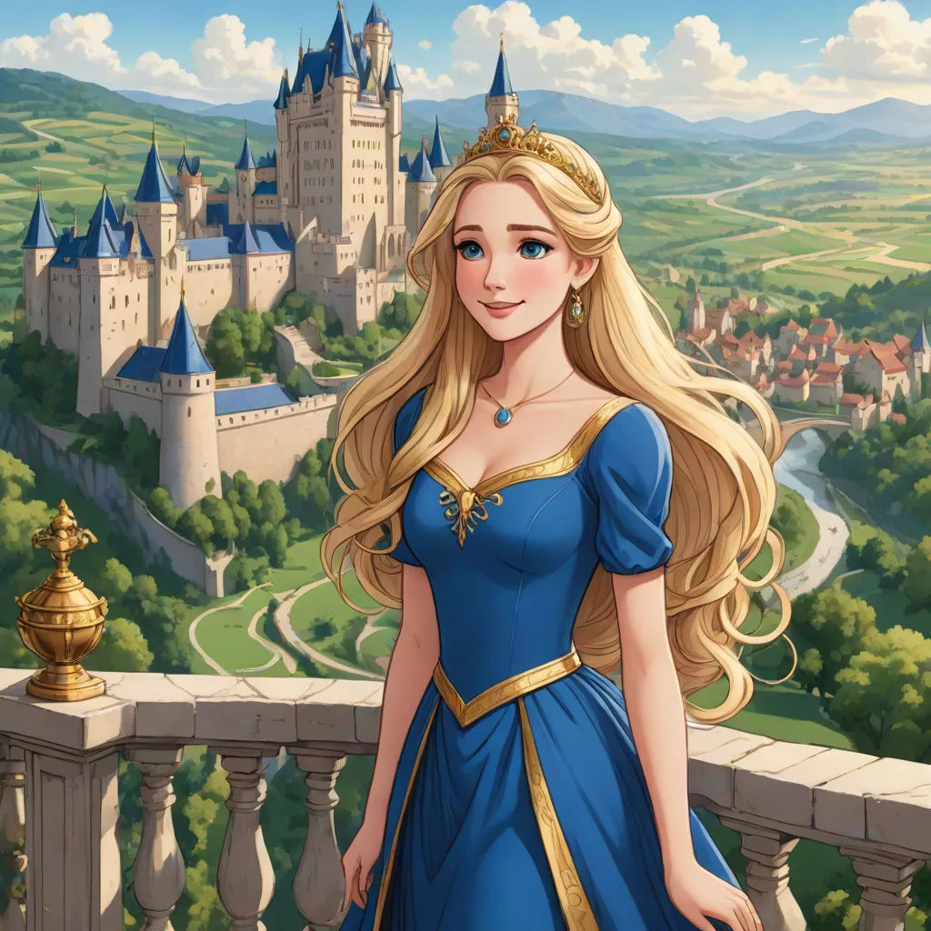 a cartoon of a woman in a blue dress standing on a balcony with a castle in the background and a golden trophy, fantasy art, a storybook illustration, disney, rossdraws global illumination