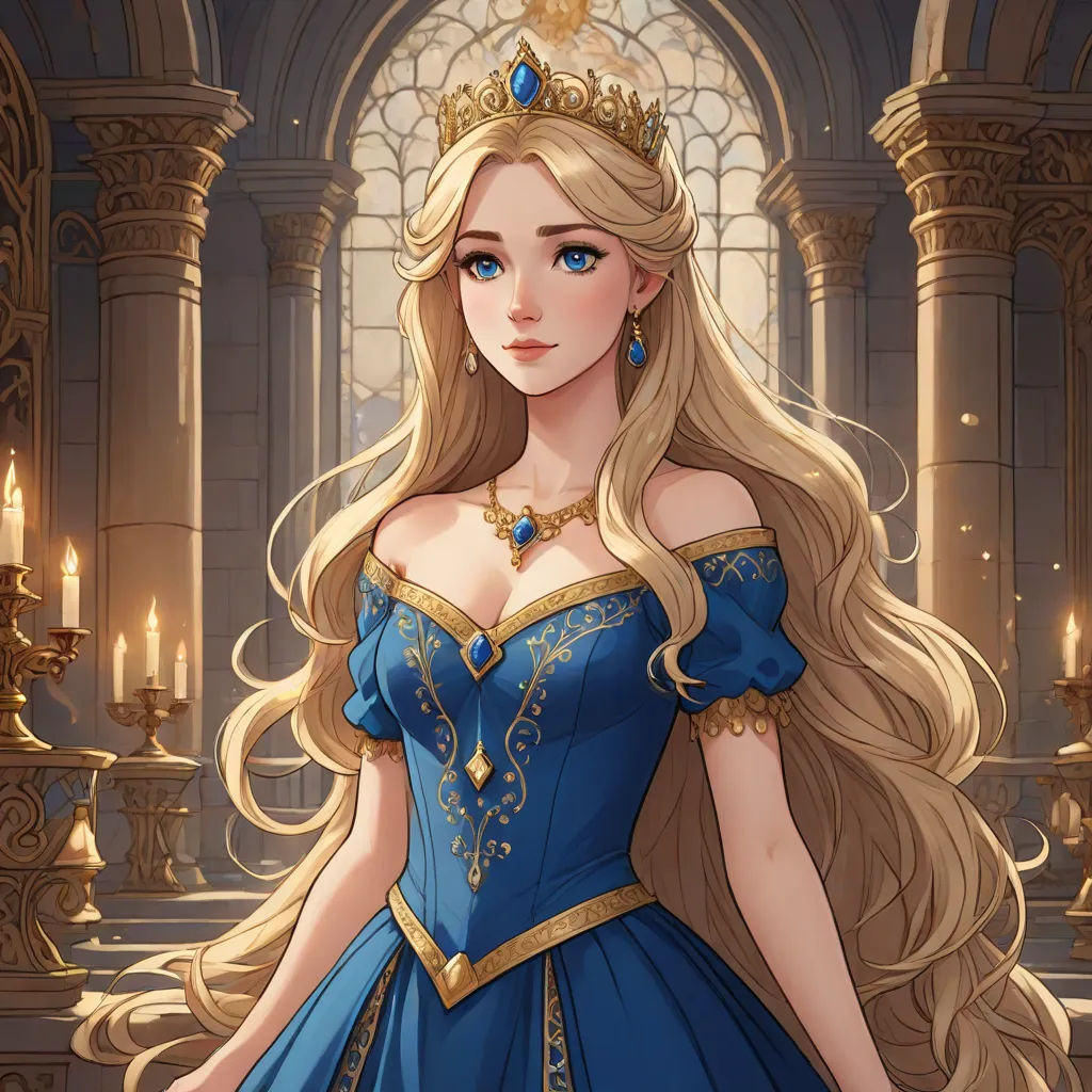 a woman in a blue dress with a tiara on her head and a candle in the background, in a castle like setting, fantasy art, a character portrait, Charlie Bowater, rossdraws global illumination