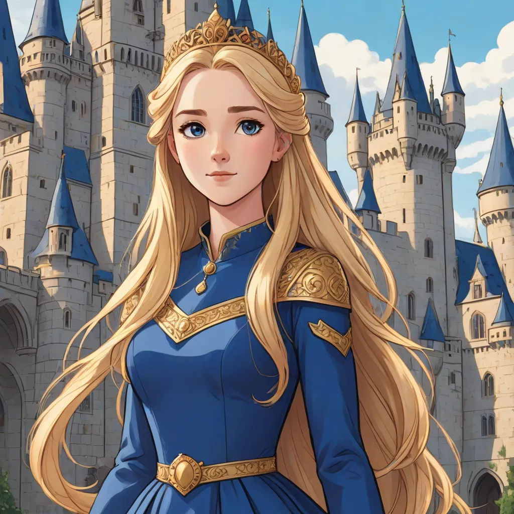 a cartoon of a blonde haired woman in a blue dress in front of a castle with turrets and a blue sky, fantasy art, a character portrait, disney, rossdraws global illumination