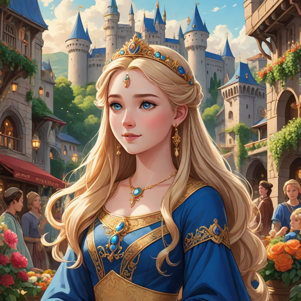 a beautiful blonde haired woman in a blue dress standing in front of a castle with a lot of people, fantasy art, a detailed painting, Evaline Ness, rossdraws global illumination