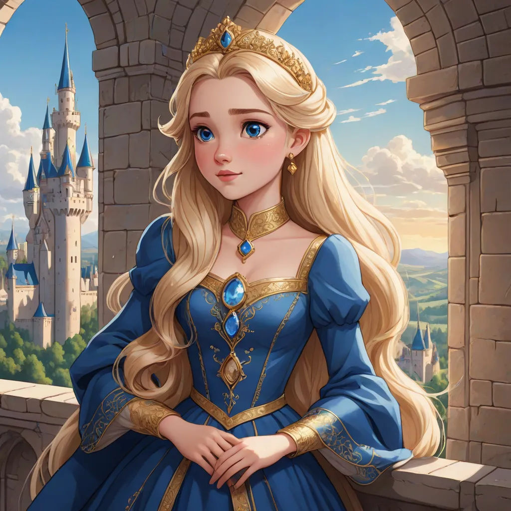 a cartoon of a princess standing in front of a castle window with a castle in the background and a castle in the background, fantasy art, a storybook illustration, Alice Prin, rossdraws global illumination