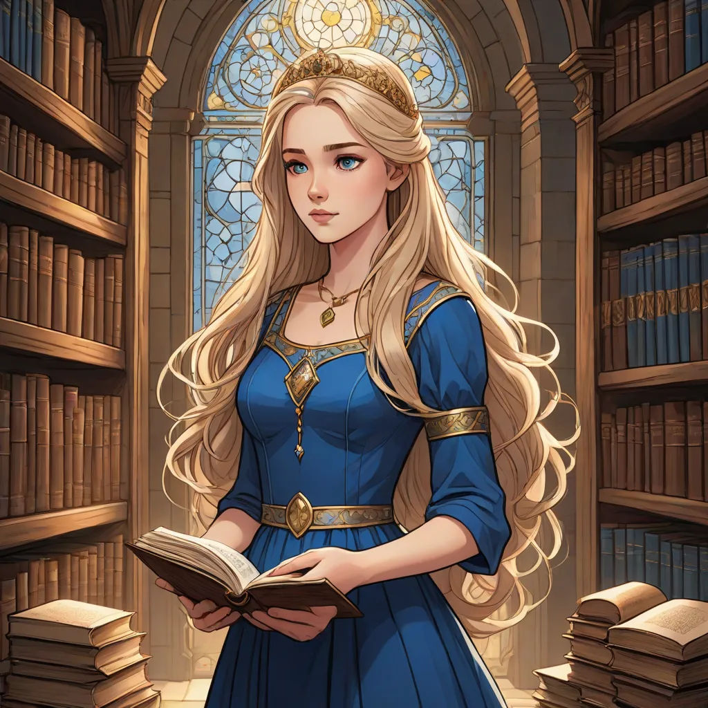 a woman in a blue dress is holding a book in a library with bookshelves and a stained glass window, fantasy art, a character portrait, Evaline Ness, official art