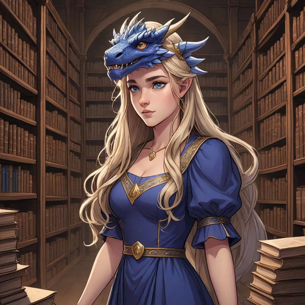 a woman in a blue dress standing in a library with a dragon head on her head and a bookcase behind her, fantasy art, a character portrait, Charlie Bowater, dragon art