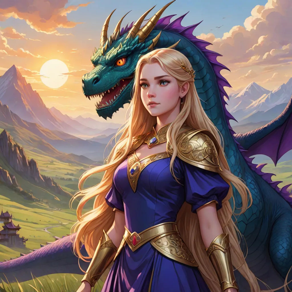 a woman in a blue dress standing next to a dragon on a hill with a sunset behind her and a mountain in the background, fantasy art, a storybook illustration, Anne Stokes, dragon art