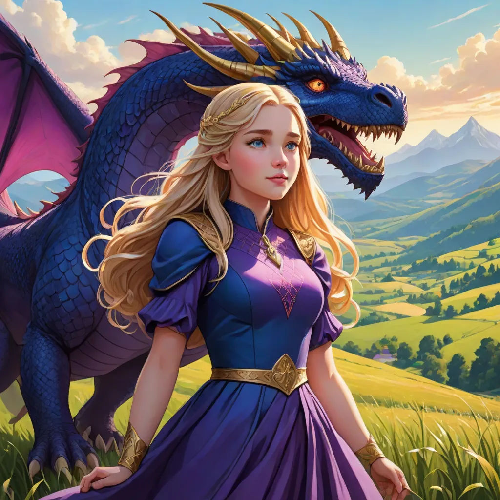 a woman in a purple dress standing next to a dragon in a field of grass and mountains with a sky background, fantasy art, a storybook illustration, Artgerm, official art