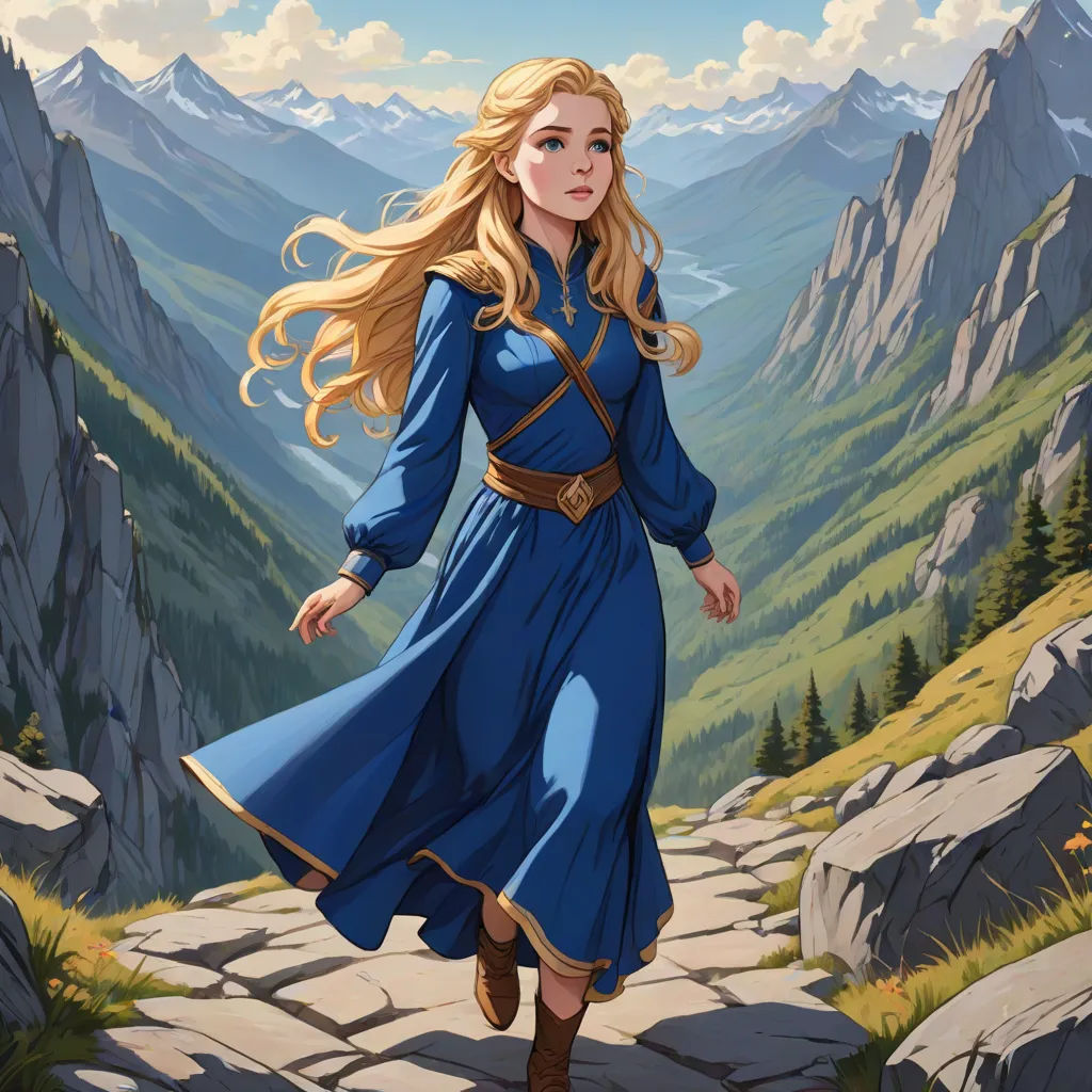 a woman in a blue dress is walking down a path in the mountains with a mountain range in the background, fantasy art, a storybook illustration, Christophe Vacher, magic the gathering artwork