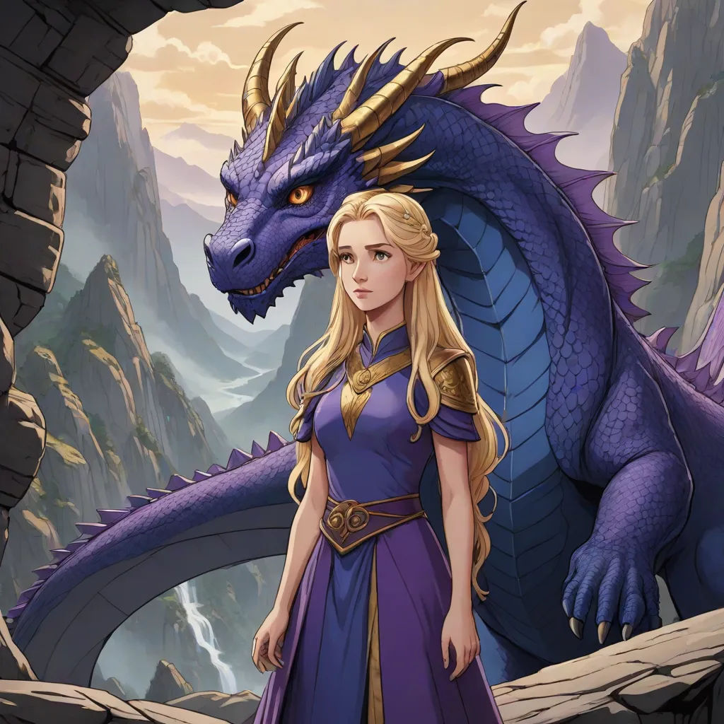 a woman in a purple dress standing next to a dragon on a mountain side with a valley in the background, fantasy art, a storybook illustration, Anne Stokes, dragon art