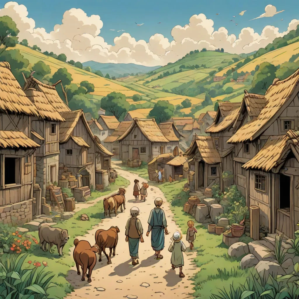 a painting of a village with a man and a child walking down a path with animals on either side of the village, a comic book panel, Colin Middleton, synthetism, official art