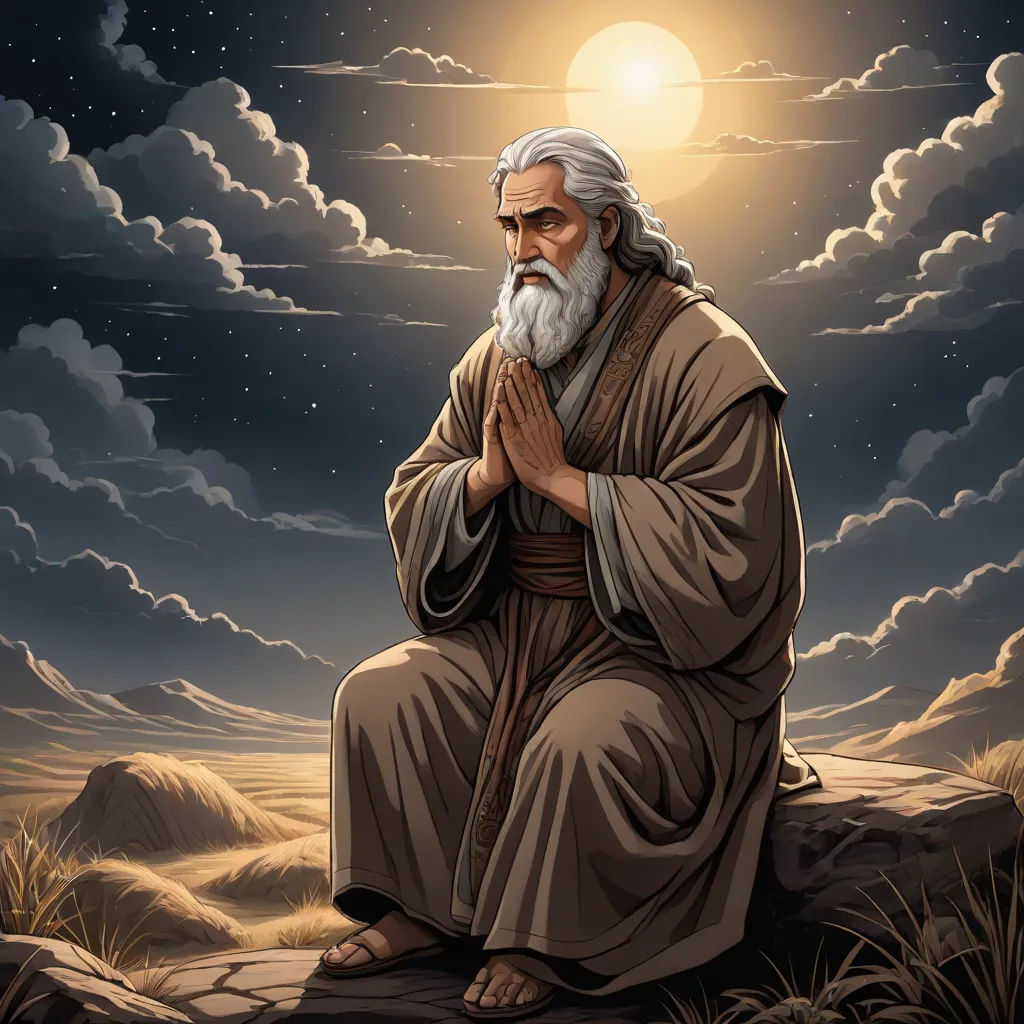 a man sitting on a rock with his hands folded in prayer under a full moon sky with clouds and stars, computer graphics, Edward George Handel Lucas, samikshavad, divinity