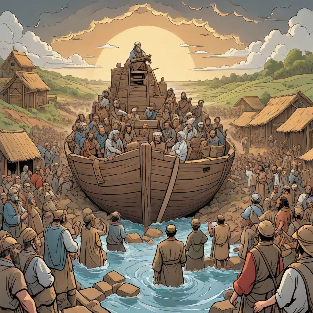 a painting of a boat full of people in a river with a crowd of people standing around it and a man standing on the boat, a comic book panel, Dan Mumford, incoherents, graphic novel