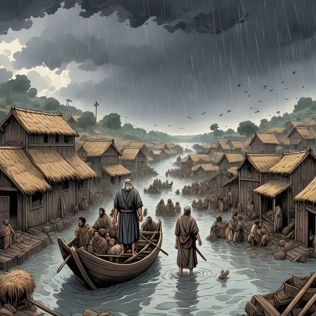 a painting of a man standing on a boat in a river with a group of people in it and a storm approaching, a detailed matte painting, Altichiero, fantasy art, storm