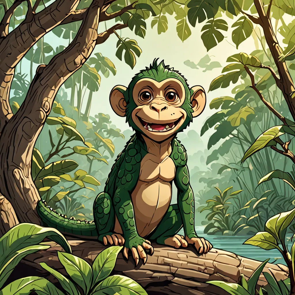 a cartoon monkey sitting on a log in the jungle with a river and trees in the background, with a green leafy background, sumatraism, a storybook illustration, Chris LaBrooy, rossdraws global illumination