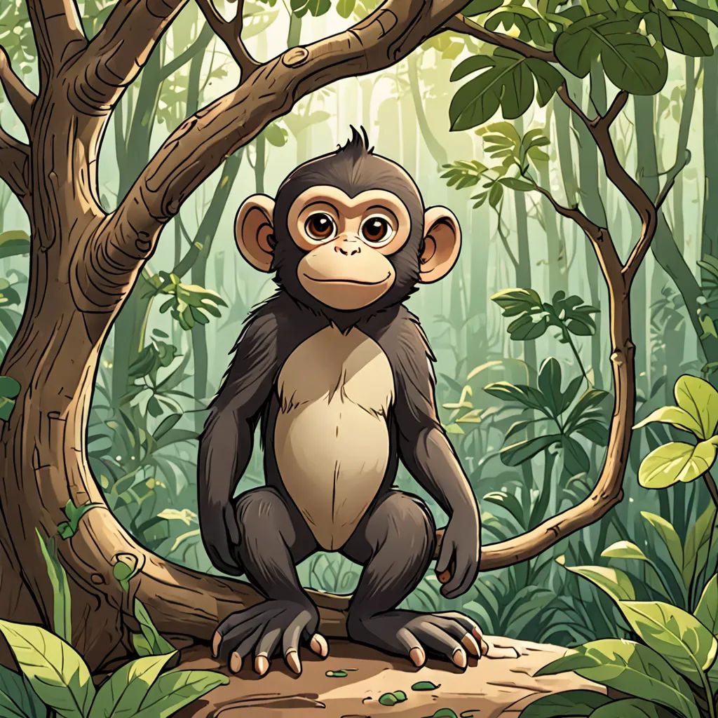 a monkey sitting on a tree branch in a jungle with a lot of leaves and plants around it,, sumatraism, a storybook illustration, Diego Gisbert Llorens, rossdraws global illumination