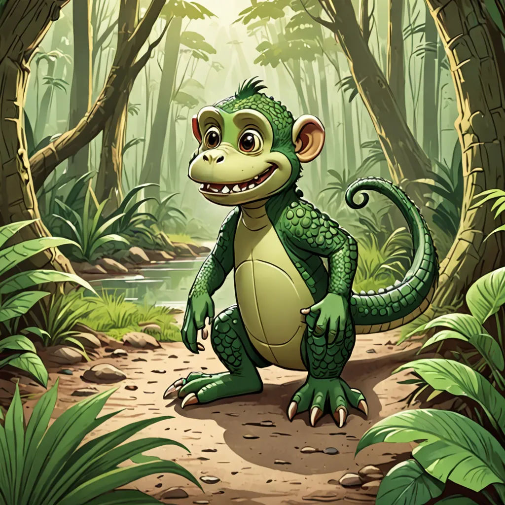 a cartoon green alligator standing in a forest with a stream in the background and trees and plants around it, sots art, a character portrait, Chris LaBrooy, jungle