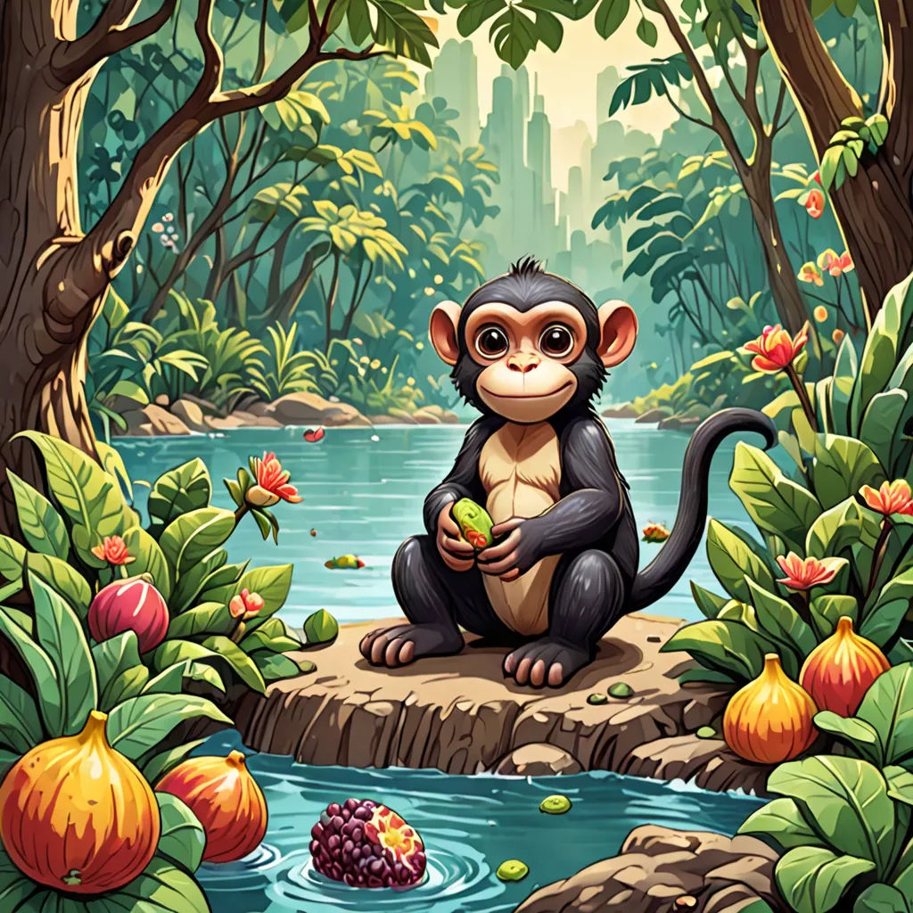 a monkey sitting on a rock in a forest with a river and trees in the background and a city in the background, fantasy art, a storybook illustration, Chris LaBrooy, jungle