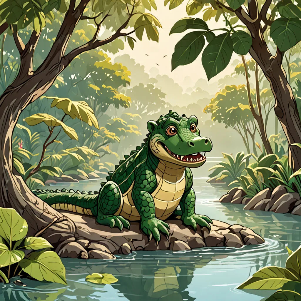 a green alligator sitting on a rock in a river surrounded by trees and plants with a green background of leaves, fantasy art, a storybook illustration, Chris LaBrooy, storybook illustration
