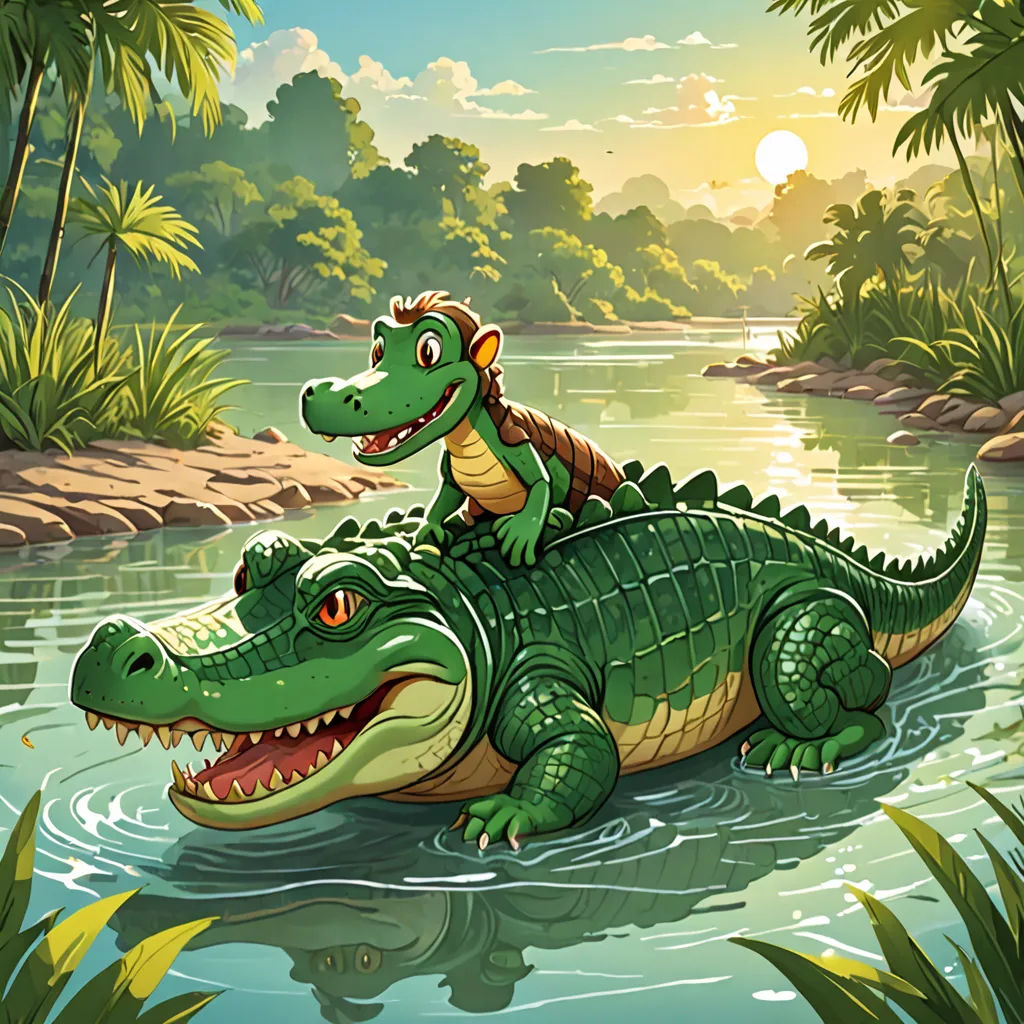 a cartoon alligator riding on the back of a crocodile in a river with a sun in the background and trees, sots art, a storybook illustration, Chris LaBrooy, storybook illustration