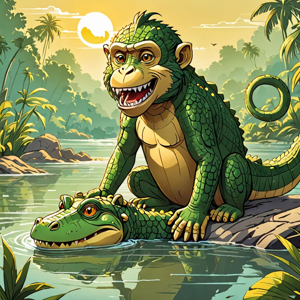 a cartoon of a crocodile and a crocodile sitting on a rock in a river with a full moon in the background, sumatraism, a storybook illustration, Chris LaBrooy, storybook illustration