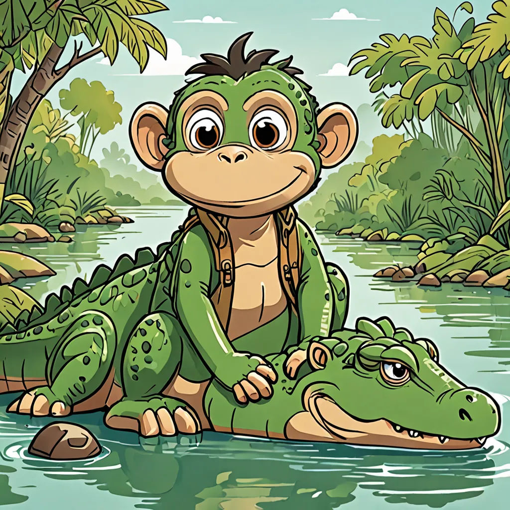 a cartoon monkey sitting on top of a crocodile in a river with a crocodile in the background and a jungle scene behind him, sots art, a storybook illustration, Diego Gisbert Llorens, storybook illustration