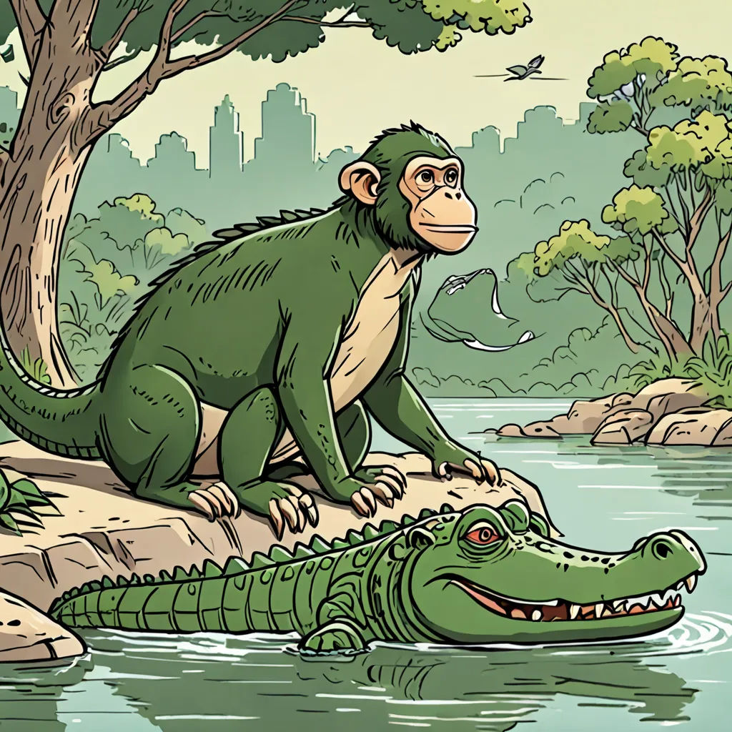 a cartoon of a monkey sitting on a crocodile's back in a river with a city in the background, naturalism, a storybook illustration, Diego Gisbert Llorens, storybook illustration