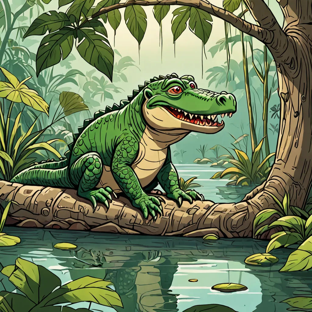 a cartoon alligator sitting on a log in a swampy area with a tree and water in the background, fantasy art, a storybook illustration, Chris LaBrooy, high detail illustration