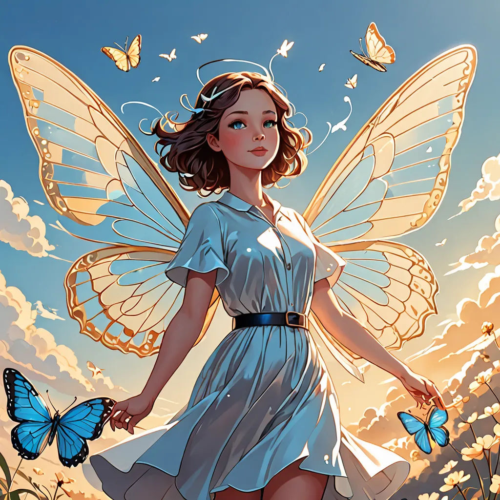 a woman in a blue dress holding a butterfly in her hand and a butterfly in her hand, with a sky background, fantasy art, a detailed drawing, Artgerm, rossdraws global illumination