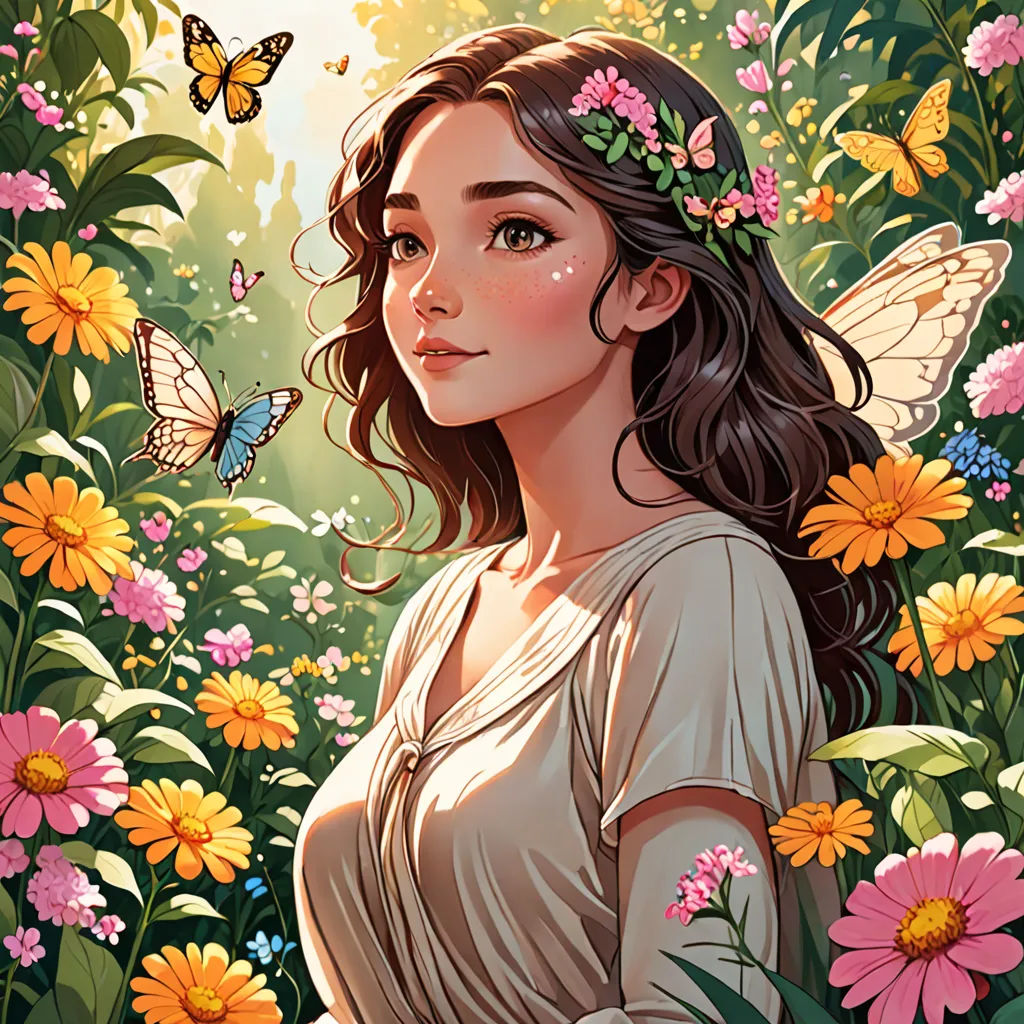 a woman with a butterfly in her hair standing in a field of flowers with butterflies flying above her head, fantasy art, a storybook illustration, Artgerm, rossdraws global illumination