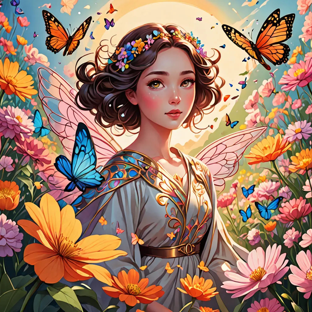 a painting of a woman with butterflies on her head and a butterfly in her hair, surrounded by flowers, fantasy art, a detailed painting, Anna Dittmann, rossdraws global illumination