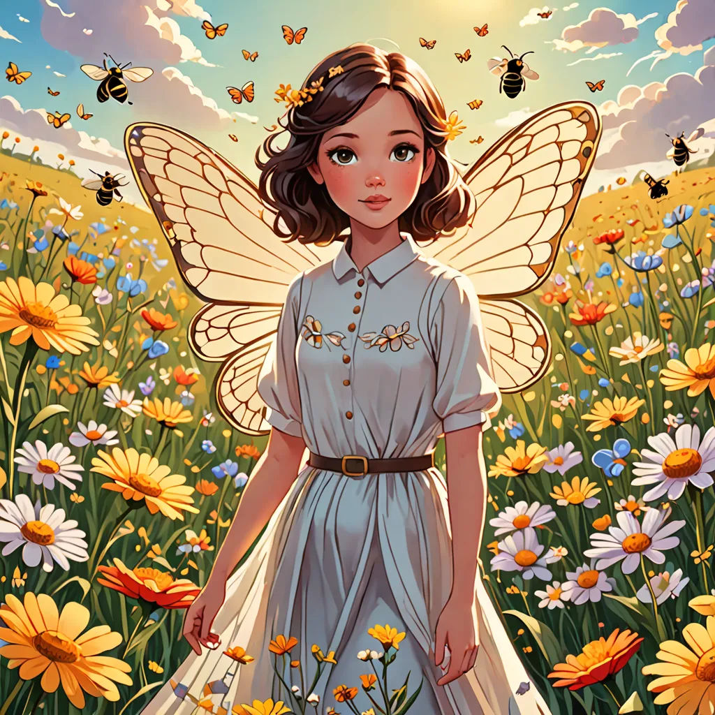 a painting of a girl in a field of flowers with a butterfly on her shoulder and a bee on her shoulder, fantasy art, a storybook illustration, Anna Dittmann, rossdraws global illumination
