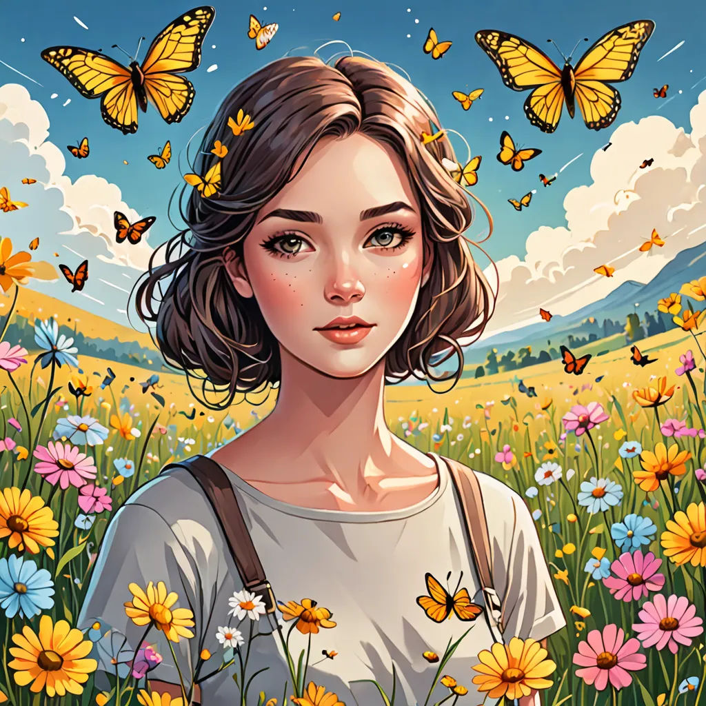 a woman standing in a field of flowers with butterflies flying overhead over her head and her eyes closed, with a field of flowers in the foreground, fantasy art, a detailed painting, Artgerm, trending on art station