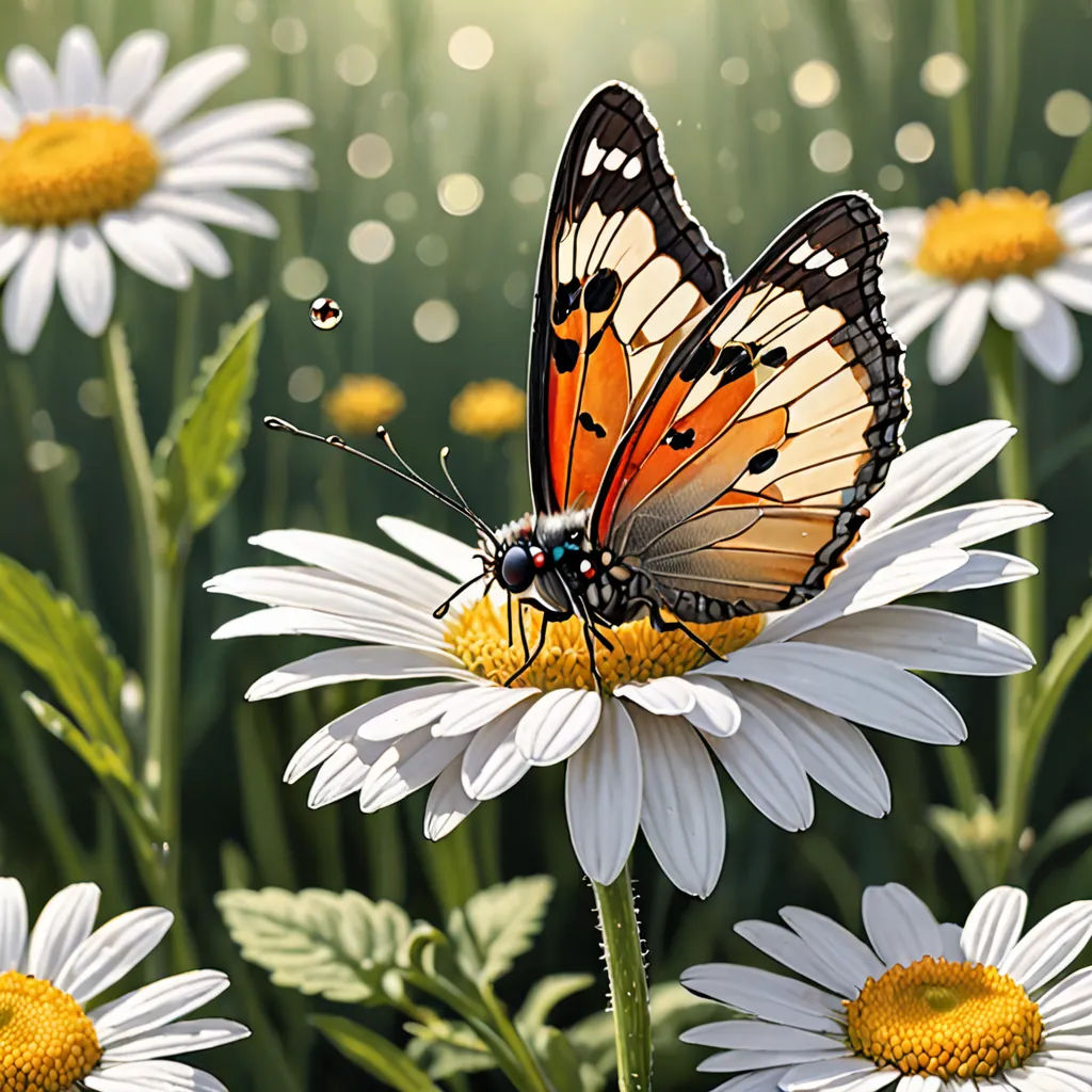 a butterfly sitting on a flower in a field of daisies and daisies with dew drops on them, photorealism, a photorealistic painting, Daniel Lieske, highly detailed digital painting