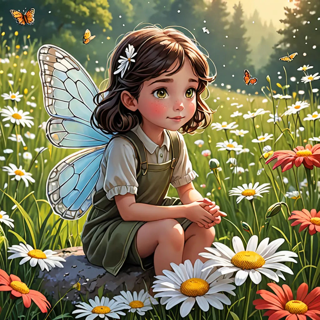 a little girl sitting on a rock in a field of daisies and daisies with a butterfly on her wings, fantasy art, a storybook illustration, Anne Stokes, kinkade
