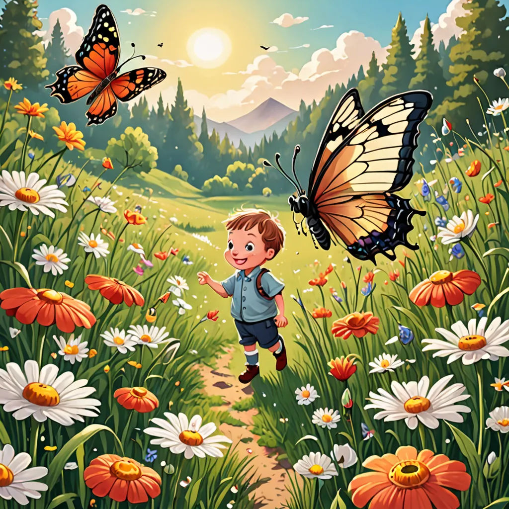 a boy is walking through a field of flowers and butterflies with a butterfly flying above him and a butterfly flying above him, naive art, a storybook illustration, David Paton, storybook illustration