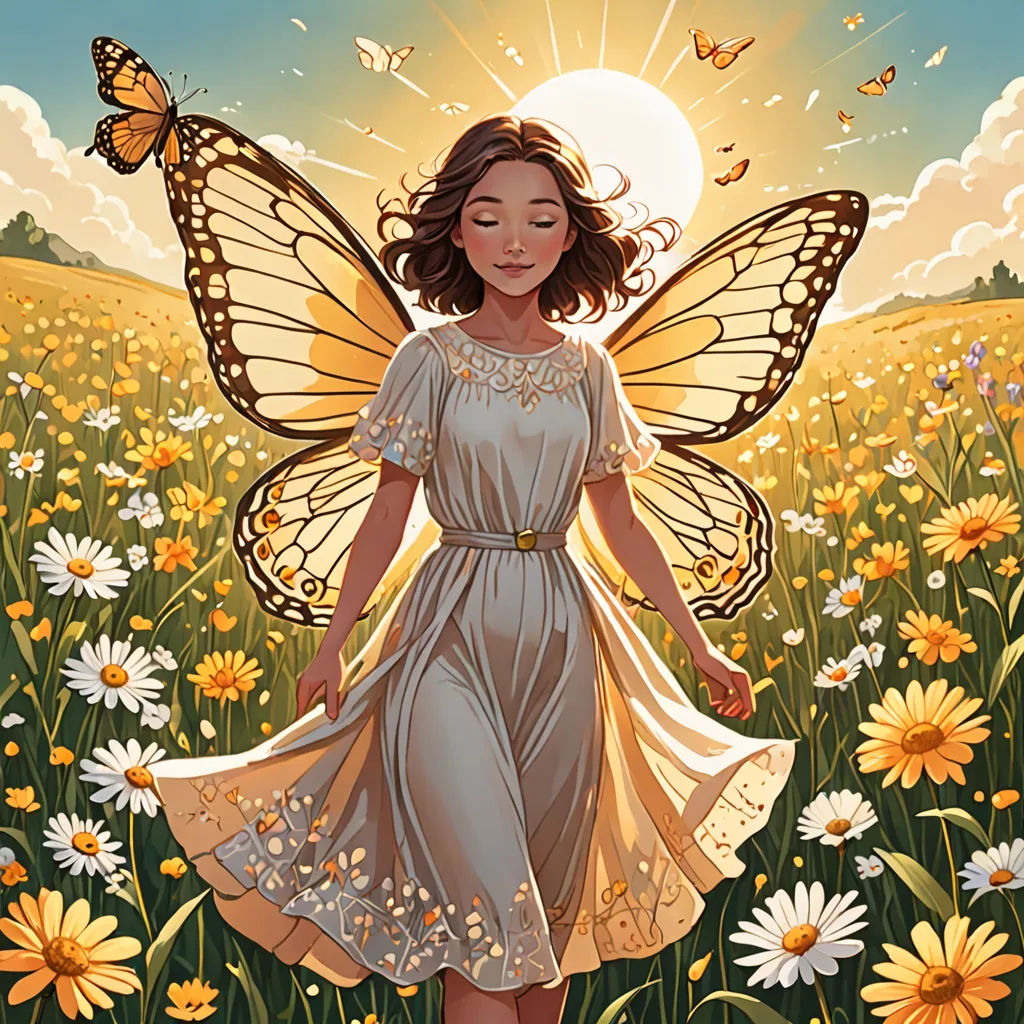 a girl in a field of flowers with a butterfly on her wings and a sun in the background with a sky and clouds, fantasy art, a storybook illustration, Anna Dittmann, rossdraws global illumination