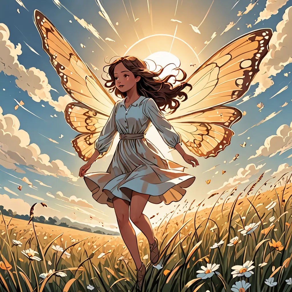 a woman in a dress is walking through a field with a butterfly on her back and a sun in the background, fantasy art, a storybook illustration, Christophe Vacher, rossdraws global illumination