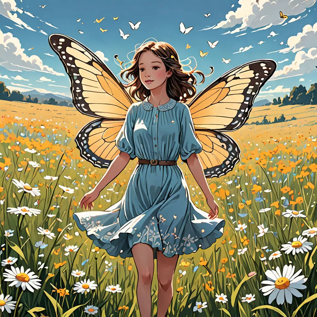 a girl in a field of daisies with a butterfly on her wings, and a field of daisies in the background, fantasy art, a storybook illustration, Chen Chun, rossdraws global illumination