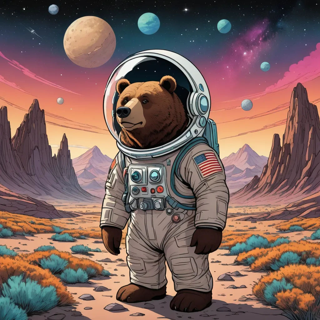 a bear in a space suit standing in the desert with mountains and planets in the background, with a planet in the background, space art, concept art, Chris LaBrooy, josan gonzales and dan mumford