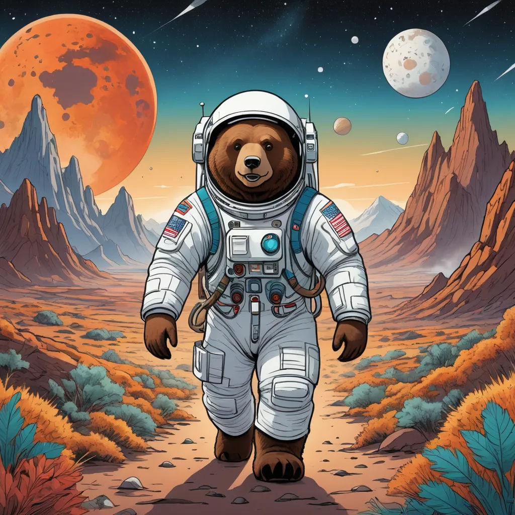 a bear in a space suit walking through a desert area with mountains and planets in the background, with a red moon in the sky, space art, an album cover, Dan Mumford, josan gonzales and dan mumford