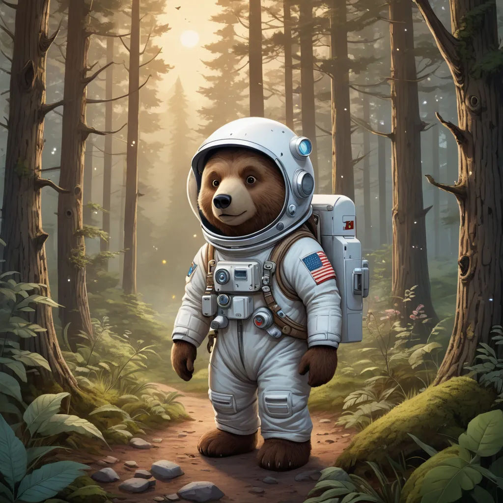 a bear in a space suit walking through a forest with a backpack on his back and a helmet on, space art, a storybook illustration, Chris LaBrooy, highly detailed digital painting