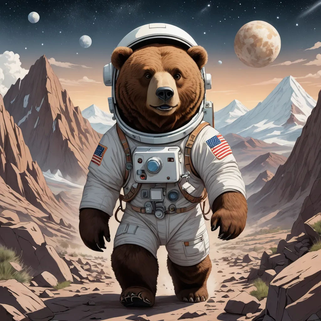 a bear in a space suit standing on a rocky surface with mountains in the background and a planet in the sky, space art, a storybook illustration, Chris LaBrooy, josan gonzales and dan mumford
