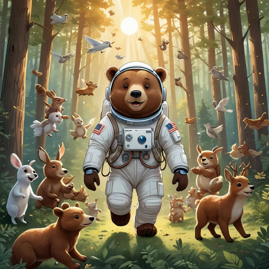 a bear in a space suit surrounded by animals in the woods with a sun shining through the trees behind him, space art, a storybook illustration, Aaron Jasinski, josan gonzales and dan mumford