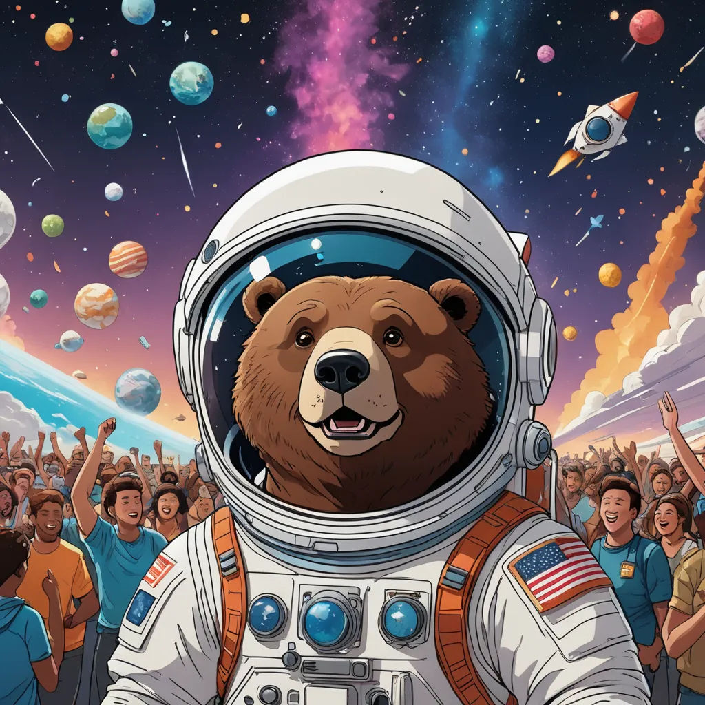 a bear in a space suit surrounded by people and planets, with a crowd of people in the background, space art, a storybook illustration, Chris LaBrooy, josan gonzales and dan mumford