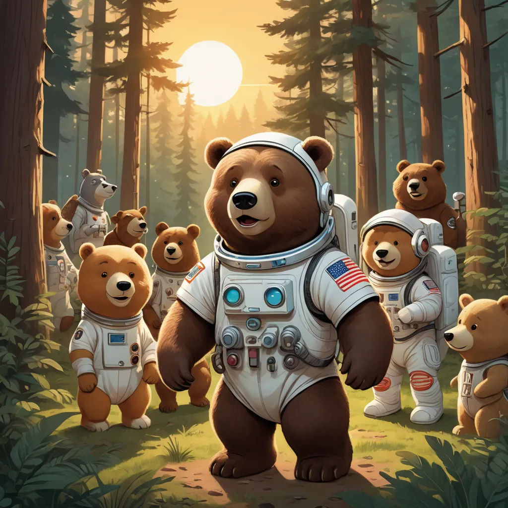 a group of bears in space suits walking through a forest with a bear in the background and a bear in the foreground, space art, a storybook illustration, Chris LaBrooy, josan gonzales and dan mumford