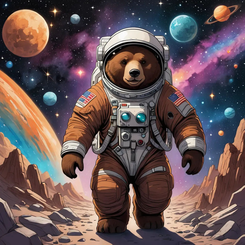 a bear in a space suit standing on a rocky surface with planets in the background and a star filled sky, space art, an album cover, Chris LaBrooy, josan gonzales and dan mumford