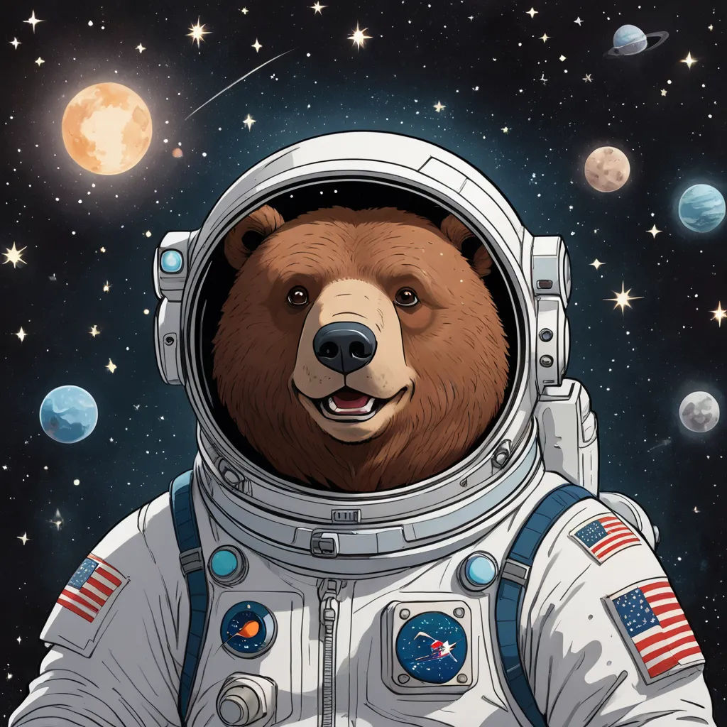 a bear in a space suit with planets in the background and a full moon in the sky behind it, space art, an album cover, Chris LaBrooy, josan gonzales and dan mumford