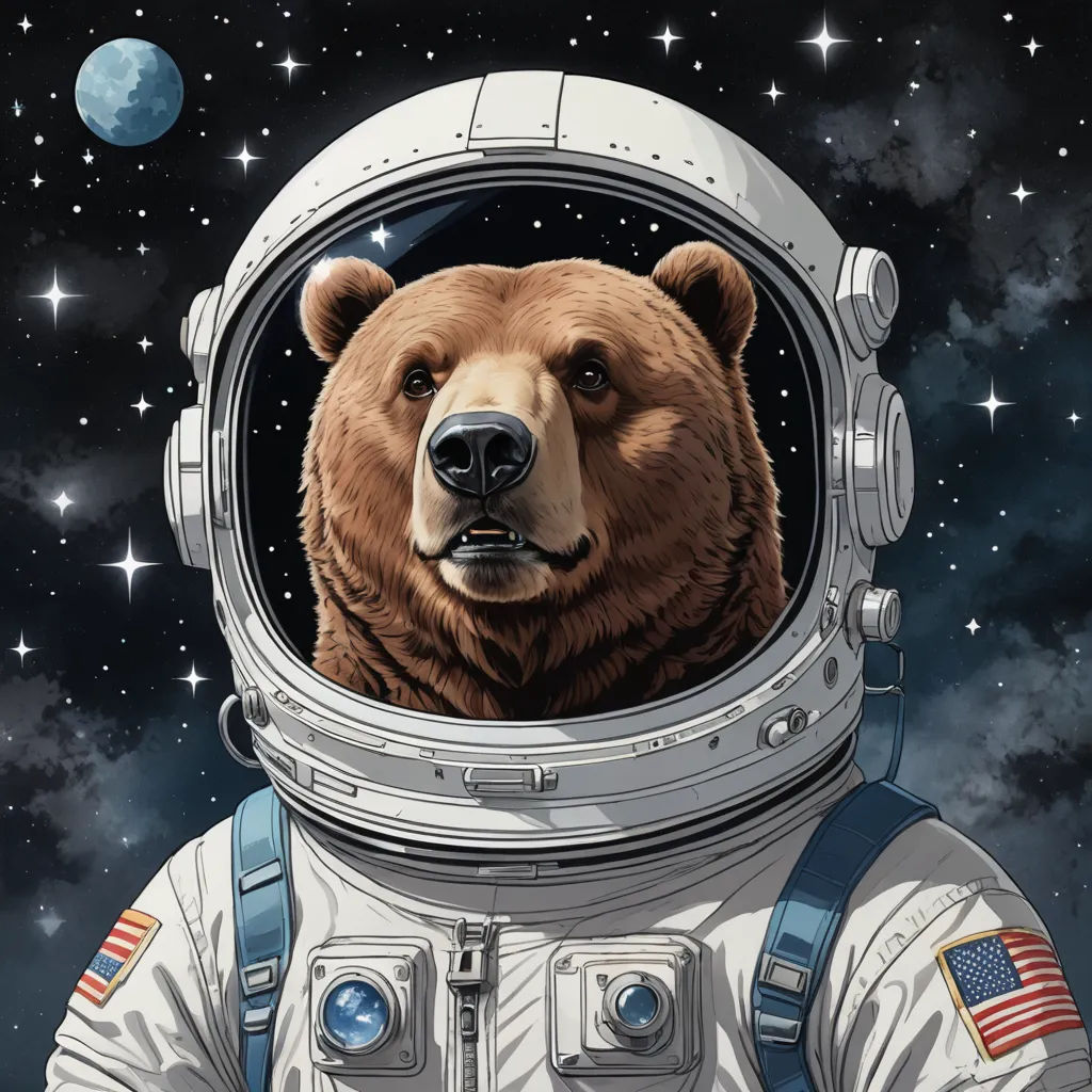 a bear in a space suit with stars in the background and a full moon in the sky behind it, space art, an album cover, Chris LaBrooy, josan gonzales and dan mumford
