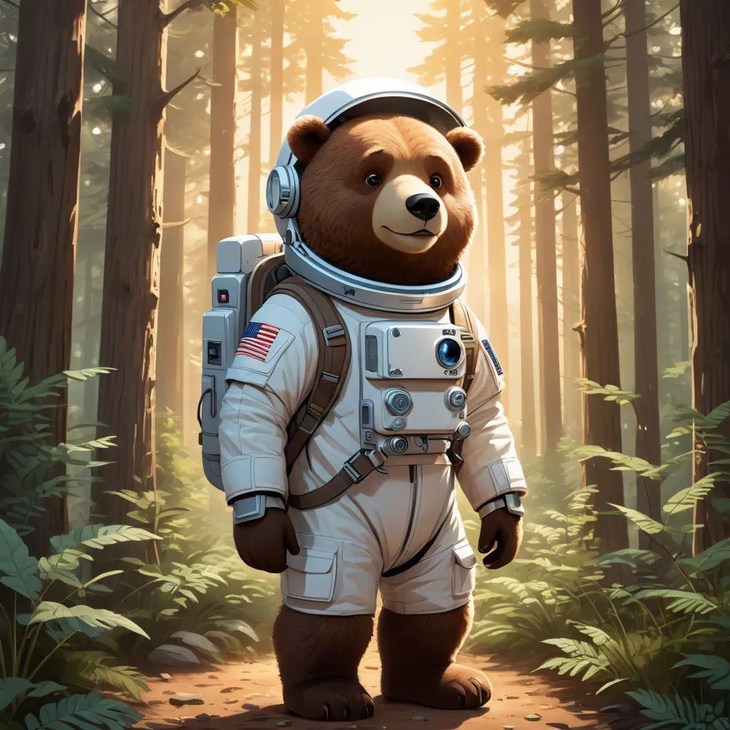 a bear in a space suit walking through a forest with a backpack on his back and a helmet on, space art, a storybook illustration, Chris LaBrooy, trending on art station