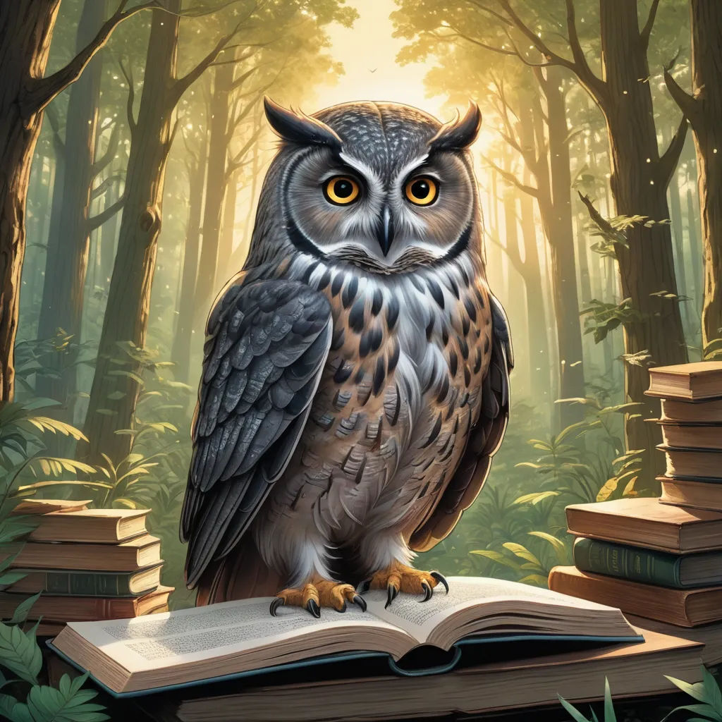 an owl sitting on top of a book in a forest with trees and leaves on the ground and a sun shining through the trees, fantasy art, a storybook illustration, Chris LaBrooy, storybook illustration