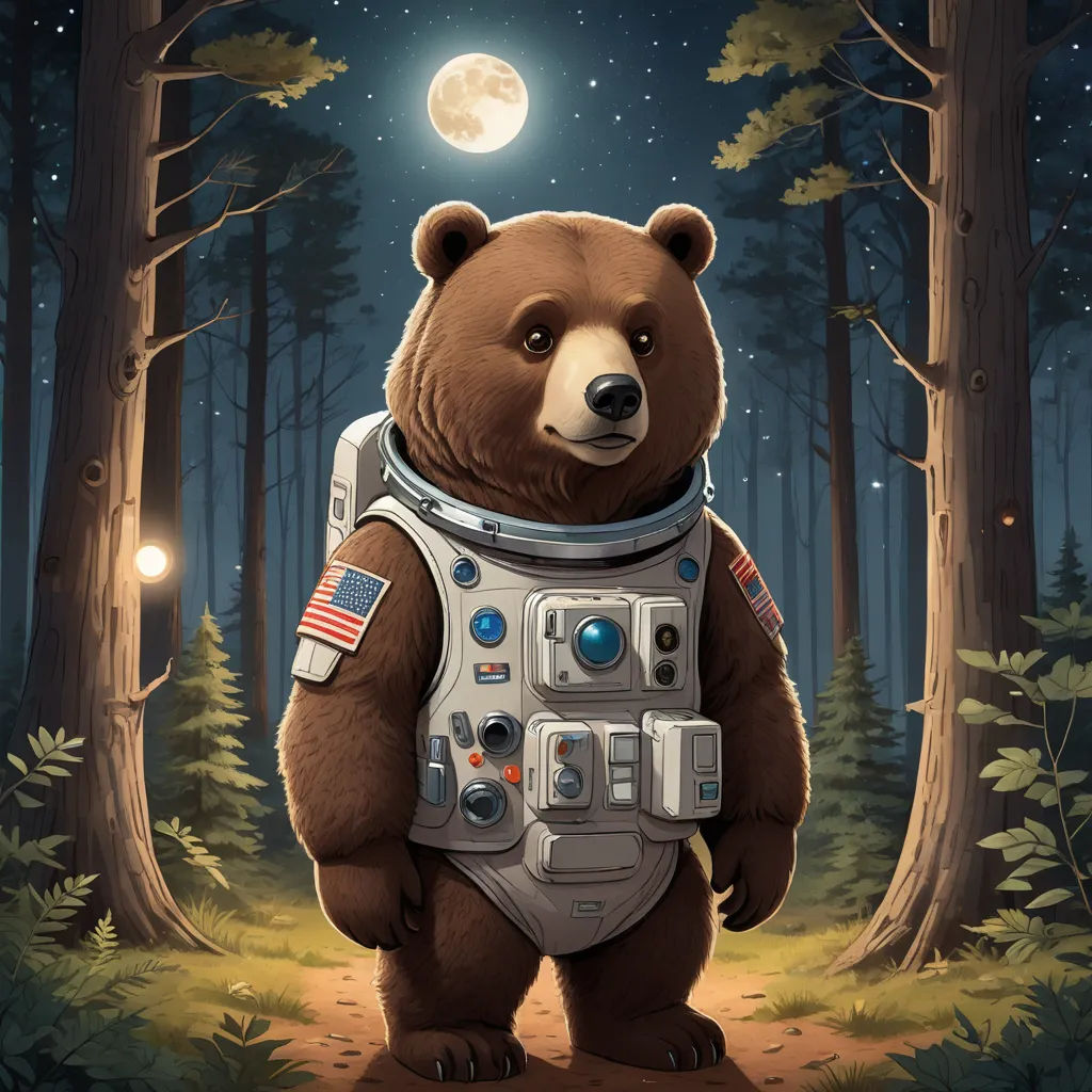 a bear in a space suit standing in the woods at night with a full moon in the background and trees, space art, a storybook illustration, Chris LaBrooy, highly detailed digital painting