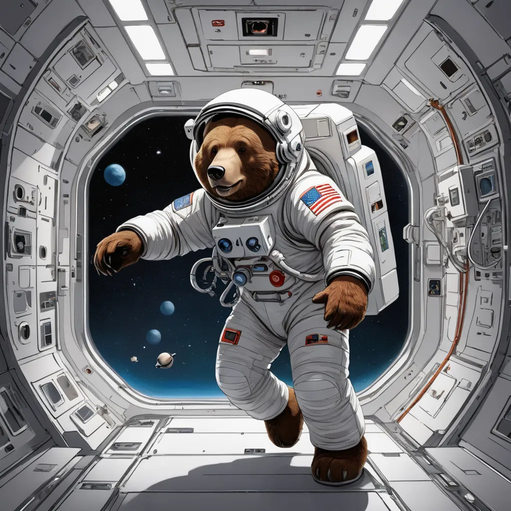a bear in a space suit is in a doorway with a space background and a planet in the background, space art, a storybook illustration, Chris LaBrooy, highly detailed digital painting